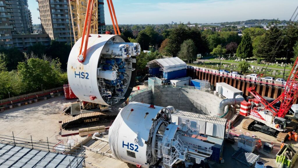 HS2 launches third giant tunnelling machine under capital building the Northolt Tunnel: Front shield of TBM Emily lifted at Victoria Road Crossover box site